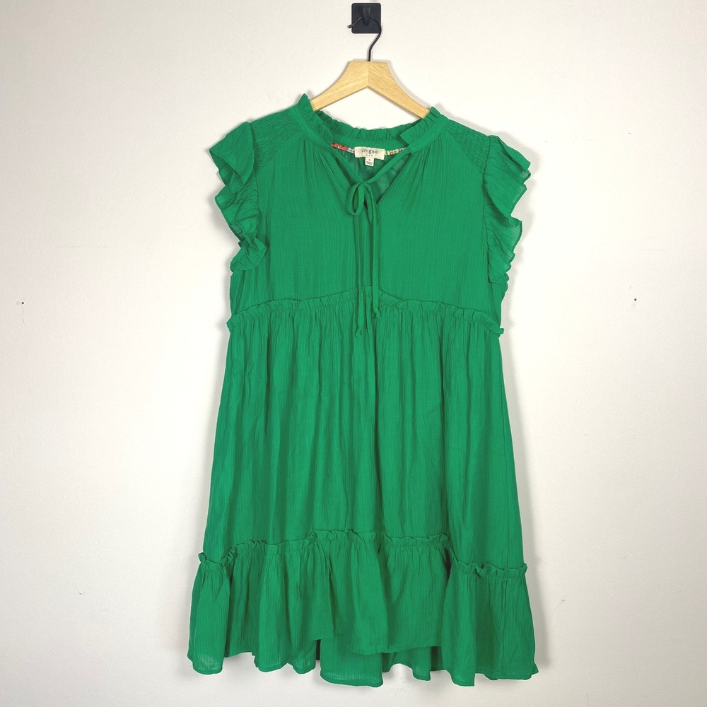 Umgee‎ USA Green Ruffle Sleeve Tie Neck Tiered Mini Dress Small Casual Cute